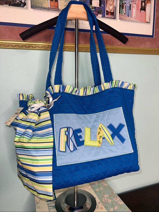 Coldwater Creek Handbags - Coldwater Creek Blue Quilted Tote with Striped Drawstring Pouch